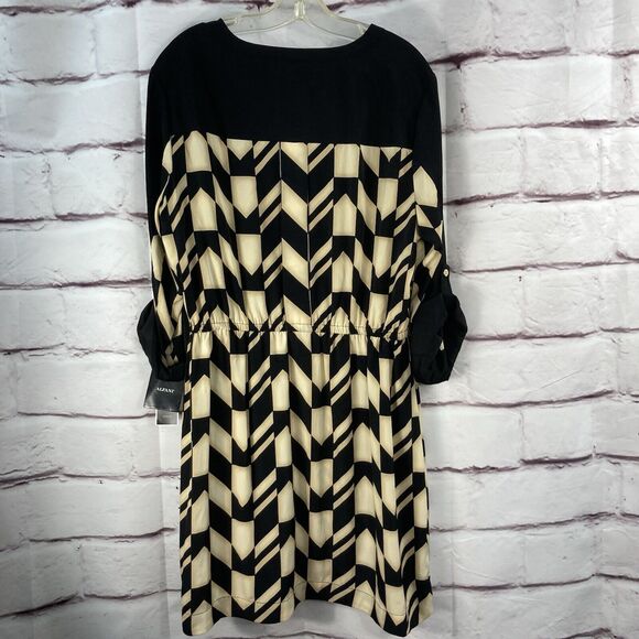 Alfani Shift Dress Womens SZ 14 Autumn Blush Geo Stripe Gold V Neck Long Sleeves - Picture 2 of 12